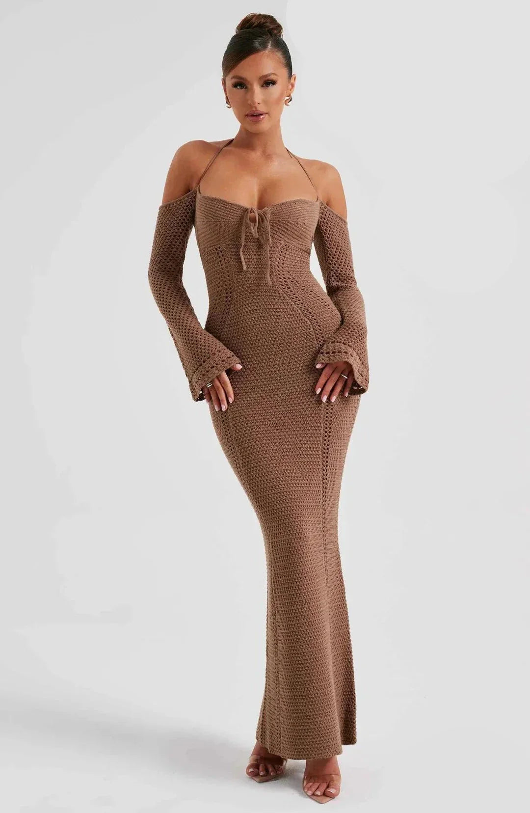 St-Tropez Open Back Halter Fitted Long Sleeve Dress