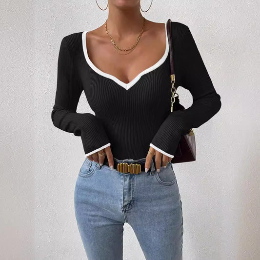 Seattle V-Neck Ribbed Knit Long Sleeve Top