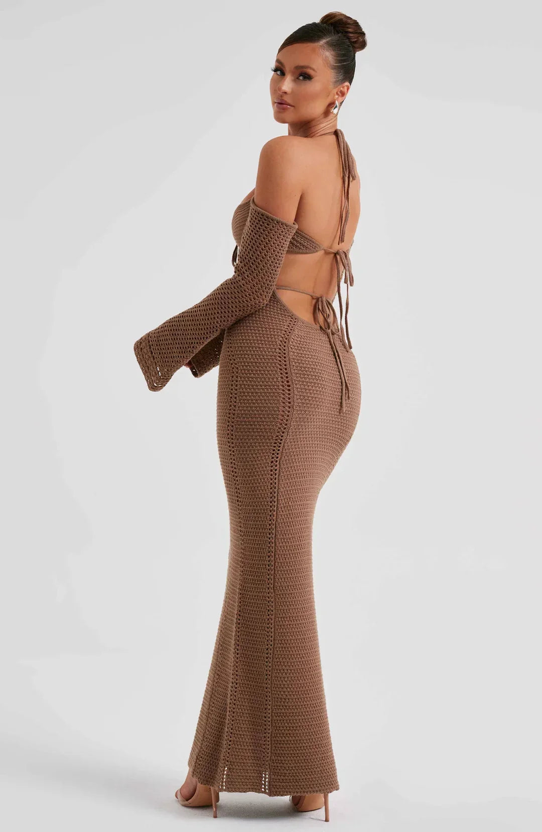 St-Tropez Open Back Halter Fitted Long Sleeve Dress