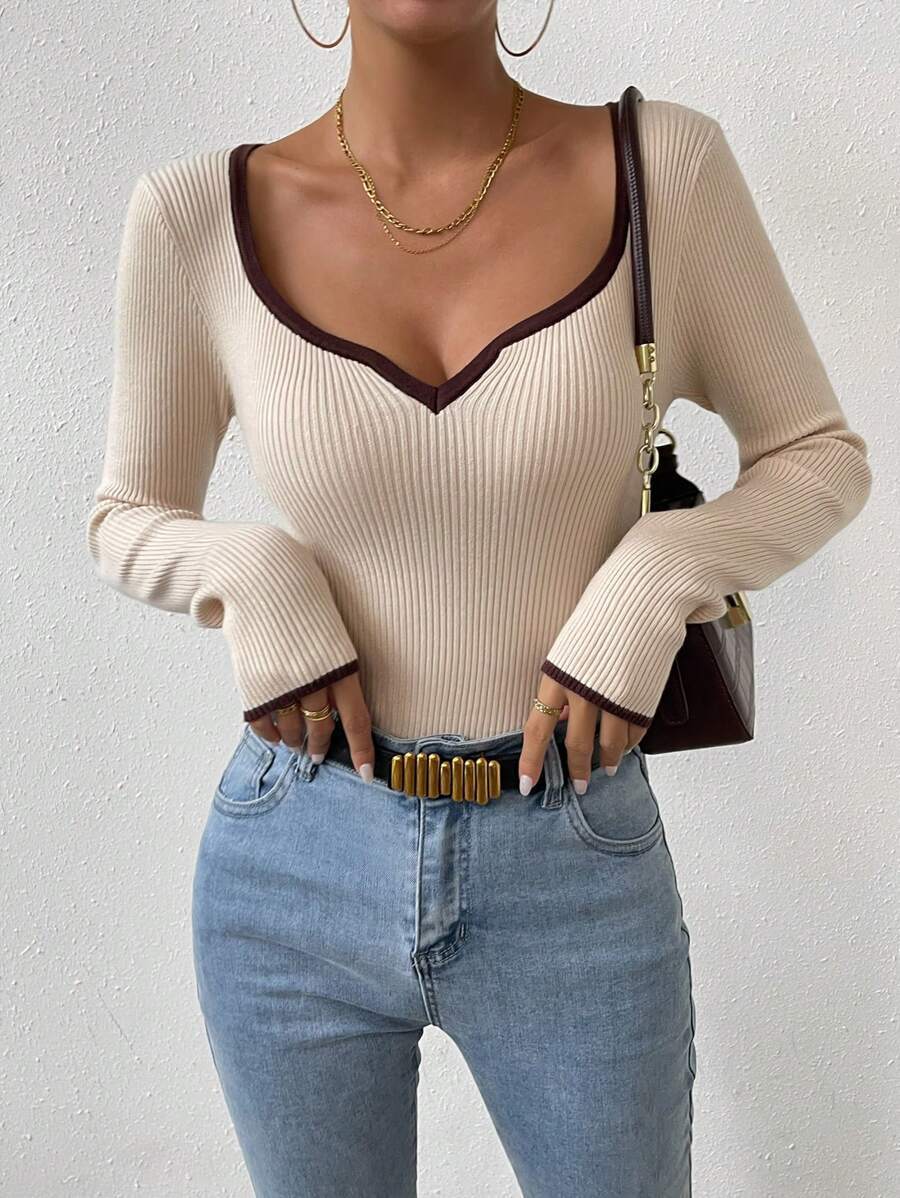 Seattle V-Neck Ribbed Knit Long Sleeve Top