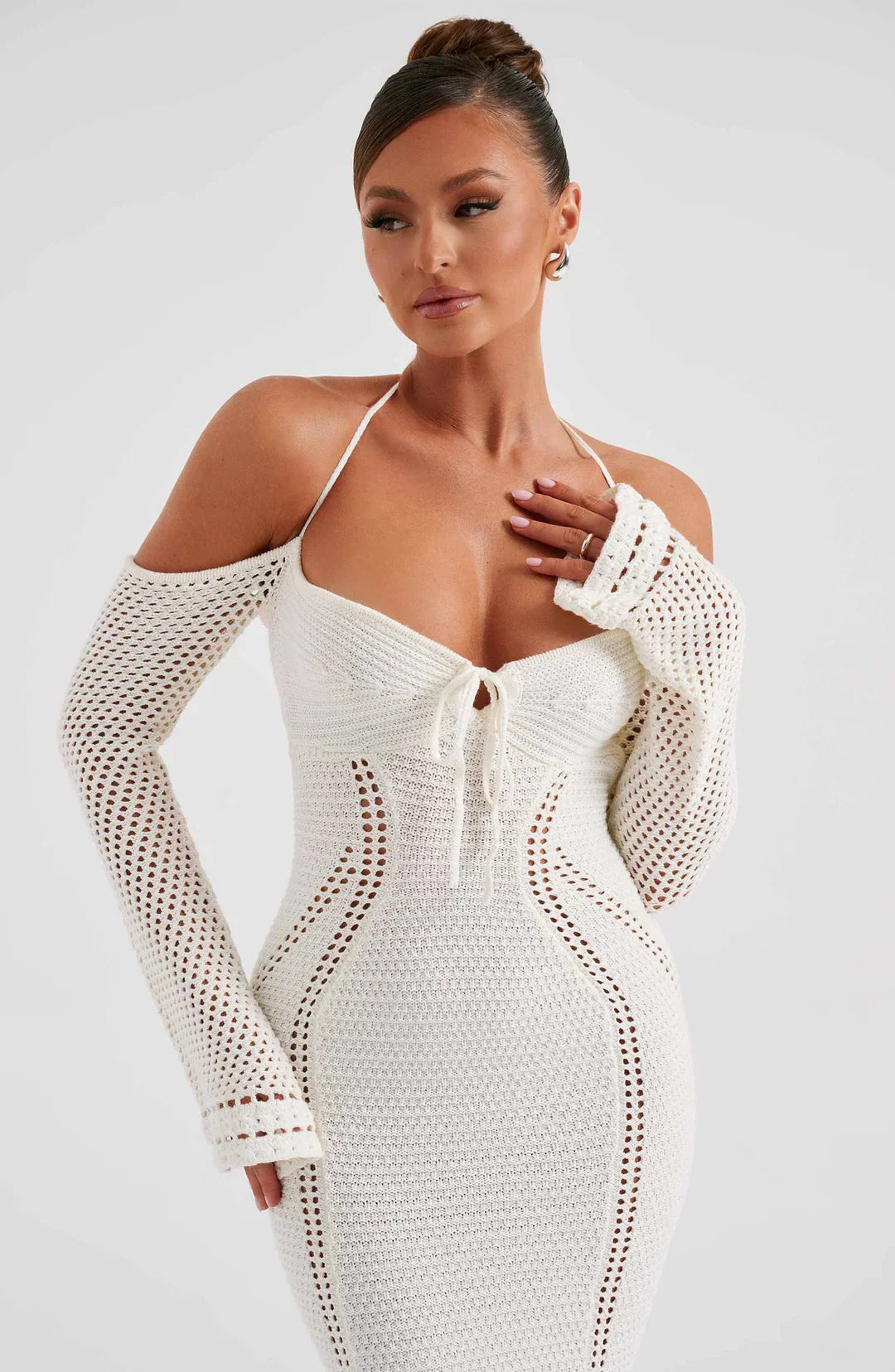 St-Tropez Open Back Halter Fitted Long Sleeve Dress